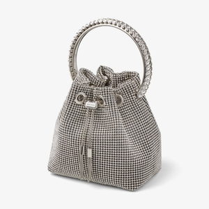 【年に１度のBIGセール！】特別大特価セール！JIMMY CHOO(ジミー チュウ)クリスタルハンドル付き Silver サテンクリスタルメッシュ・バッグ