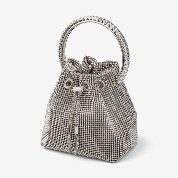 【年に１度のBIGセール！】特別大特価セール！JIMMY CHOO(ジミー チュウ)クリスタルハンドル付き Silver サテンクリスタルメッシュ・バッグ